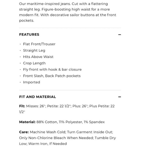 Talbots Sailor Straight Leg Cropped Trouser Jeans in Mystic. High Rise. Size 8 - Picture 11 of 13